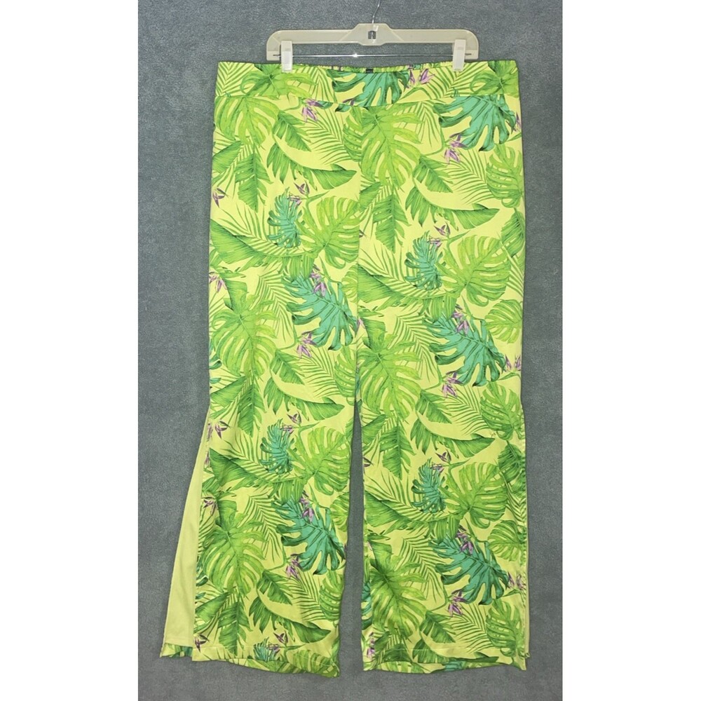 Womens Wide Leg Pants 2X Tropical Palm Print Boho Resort Vacation Beach Festival